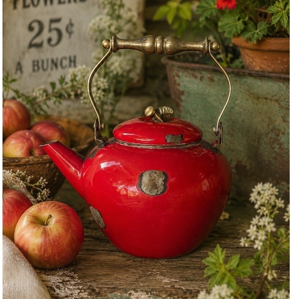 Rustic Vintage Red Enamel Apple Kettle Cottagecore Farmhouse Decor Whimsical